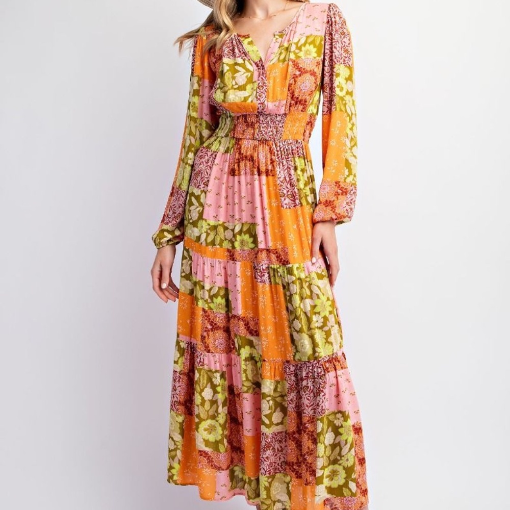 EASEL PATCHWORK PRINTED GAUZE MAXI DRESS